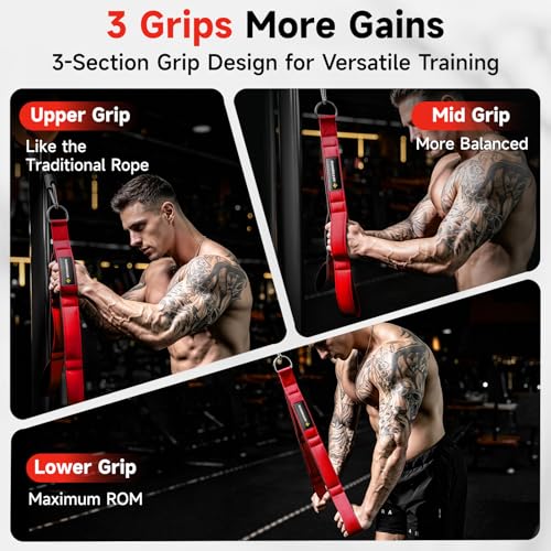 MANUEKLEAR 3 Grip Lengths in 1 Tricep Rope Cable Attachment with Ergonomic Handles, Greater ROM for Tricep Push Down Attachment Professional Gym Rope for Overhead Extension - color: Red