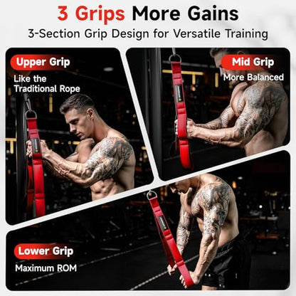 MANUEKLEAR 3 Grip Lengths in 1 Tricep Rope Cable Attachment with Ergonomic Handles, Greater ROM for Tricep Push Down Attachment Professional Gym Rope for Overhead Extension - color: Red