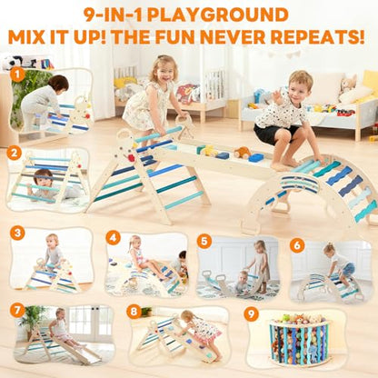 DUMOS Pikler Triangle Set, Toddler Climbing Toys and Play Structure Indoor, 9-in-1 Wooden Montessori Climbing Set with Arch, Ramp and Ladder, Foldable Baby Jungle Gym, Blue - color: Blue