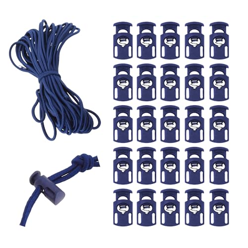 Mandala Crafts Navy Blue Shock Cord & Cord Locks for Elastic Drawstrings | 10 YDs Bungee String, 25 Spring Toggle Clips, End Stopper Clamps, for Shoelaces, Paracord, Jackets, Hoodies, Backpacks - color: Navy Blue
