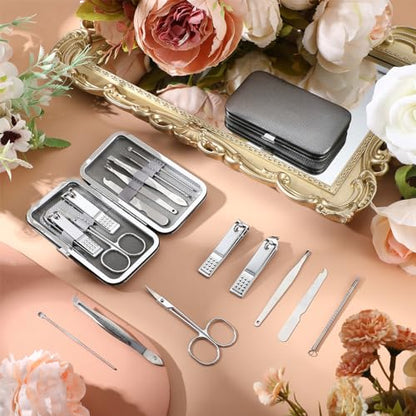 Geosar 50 Set 8 in 1 Travel Manicure Kit Bulk Professional Nail Clippers Pedicure Nail Care Tools Grooming Stainless Steel Set with Portable Travel Case, Gift for Valentine Men Women(Sliver) - color: Sliver