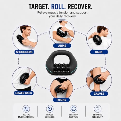 Electric Rolling Percussive Massager, Deep Tissue Muscle Roller | Portable Rechargeable Roller with 3 Speeds for Muscle Recovery & Soreness Relief on Neck, Shoulders, Back, Arms & Legs