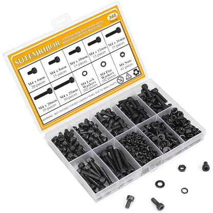 365 Pieces M4 Screws Nuts Washers Set Black, Sutemribor M4 x 6/8/10/12/16/20/25mm Hex Socket Head Cap Screws Nuts Washers Assortment Kit, 12.9 Grade Alloy Steel, Fully Threaded - size: M4 x 6/8/10/12/16/20/25mm Kit, style: Socket Head