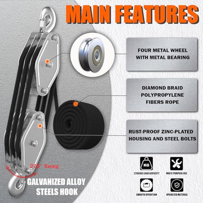 YATOINTO Rope Pulley Hoist with Bearing, 2200 LB Pulley Block and Tackle System 6:1 Power, Pulley Block 1100LB Loading Capacity, 50ft Heavy Duty Rope Hoist for Hunting Garage Warehouse Constructions - color: black, size: UPGRADED-3wheels