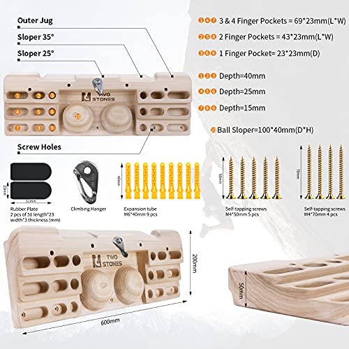 TWO STONES Wooden Hangboard Rock Climbing Pull Up Bar Designed Training for Climbing, Wooden Fingerboard Climbing Training Board for Building Core Strength and Endurance (CJ-HB2005)