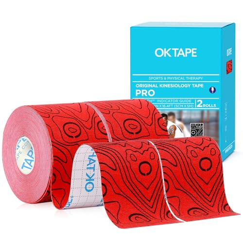 OK TAPE PRO Kinesiology Tape Uncut Roll, Elastic Physical Therapy Tape | 2 Inch Athletic Tape for Pain Relief, Muscle Support, Kinetic Tape, Water Resistant, 16.4Feet -Red 2 Rolls - color: Red, size: 2 Rolls