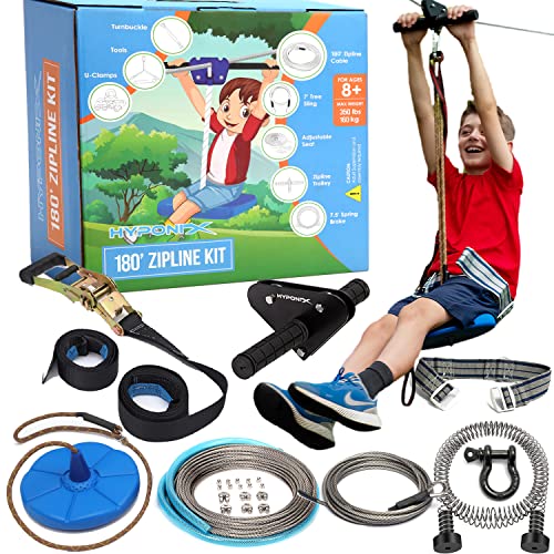 Zip Line Kit for Kids and Adults, 100/120/150/200 ft, Up to 350 Lbs, Removable Trolley, Rustproof Stainless Steel, Quick Setup with Ratchet, Safety Harness, Backyard Adventure Fun - size: 180' Zipline Kit