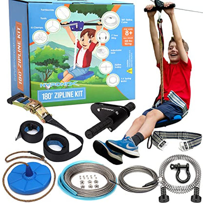 Zip Line Kit for Kids and Adults, 100/120/150/200 ft, Up to 350 Lbs, Removable Trolley, Rustproof Stainless Steel, Quick Setup with Ratchet, Safety Harness, Backyard Adventure Fun - size: 180' Zipline Kit
