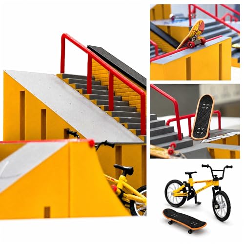 14-in-1 Fingerboard Skate Park Toy Set for Kids with 8 Skateboards and Bike | Modular fingerboard skatepark, Multiple layouts, Smooth-edge ABS ramps, Half pipe and rails, Fits most standard fingerboards - color: 14in1-yellow