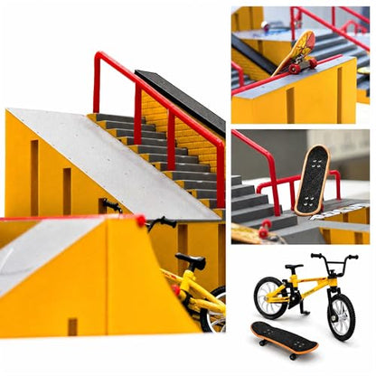 14-in-1 Fingerboard Skate Park Toy Set for Kids with 8 Skateboards and Bike | Modular fingerboard skatepark, Multiple layouts, Smooth-edge ABS ramps, Half pipe and rails, Fits most standard fingerboards - color: 14in1-yellow