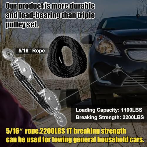 Rope Pulley Hoist Multifunctional 2200 LBS Breaking Strength | 3/8 Rope for Lifting Hoisting Rigging Garage Shop Hunting Farm Construction Industrial Warehouse Marine Overhead Recovery - color: Black.