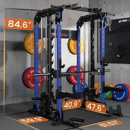 Smith Machine, 2600LBS Squat Rack, 7-in-1 Home Gym Cage with Adjustable Safety Bars, Pull-Up & LAT Pulldown - color: Blue, size: P107 Only Smith Machine