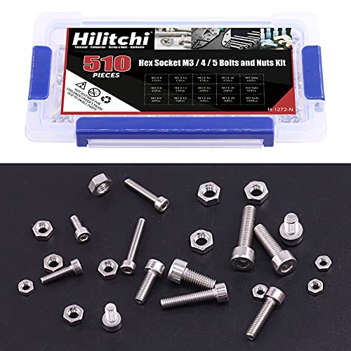 Hilitchi 510pcs M3 M4 M5 Stainless Steel Hex Socket Head Cap Bolts Screws Nuts Assortment Kit - 304 Stainless Steel (Hex Socket) - style: Hex Socket