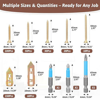 423 PCS Self Drilling Drywall Anchors with Screws Kit, Heavy Duty Metal | 2 Sizes Self-Drilling Drywall Anchors, 5 Sizes Zinc Expansion Screws and 3 Drill Bits for Shelves, Mirrors, Picture Frames