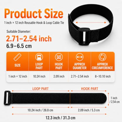 Ysenchan Hook & Loop Straps (10 Pack), Reusable Adjustable Nylon Cinch Cable Straps, Heavy Duty Hook and Loop Fastening Cable Ties for Cords & Cable Management – 1” x 12”, Black - size: 12 Inch
