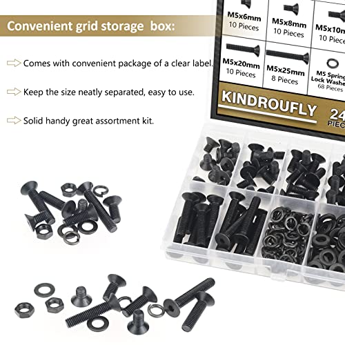 242 Pieces Black M5 x 6/8 /10/12 /16/20 /25mm Countersunk Head Socket Cap Screws Nuts Washers Assortment Kit, 10.9 Grade Alloy Steel - size: M5, style: Countersunk Head