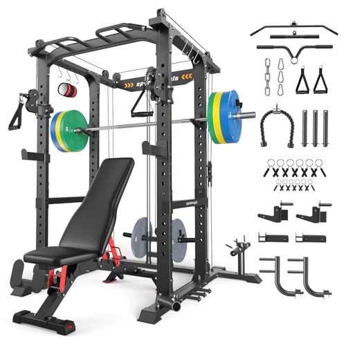 SPORTSROYALS Power Rack, Multi-Functional Power Cage, Squat Rack with Pulley System & LAT Pull Down, Workout Cage with J Hooks for Home Gym - color: Black, style: 230LB Colorful Package with BC