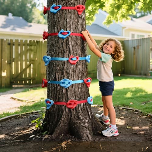 SEKKVY Tree Rock Climbing Kit for Kids - 15PCS Climbing Holds & 6 Ratchet Straps | No-Drill Tree Climbing Rocks | Outdoor Ninja Warrior Course | Birthday Gift for Boys Girls Ages 3+