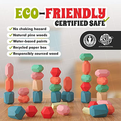 36 Pcs Wooden Stacking Blocks – Montessori Toys for 1 2 3 4 5 6 Year Old Toddlers and Kids, XL Rocks, No Choking Hazard – Sensory STEM Building Stones, for Girls and Boys - size: 36 XL Rocks
