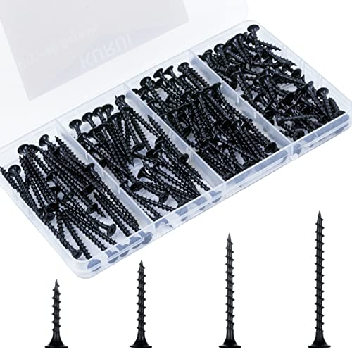 KURUI Drywall Screws Assortment Kit, #6 Black Wood Screws for Sheetrock,165pcs Picture Hanging Kit for Frame Painting Art Photo, Phillips Coarse Dry Wall Screw 4 Sizes 1",1-1/4",1-5/8",2" - size: Assortment Kit (#6 * 1", 1-1/4", 1-5/8", 2")