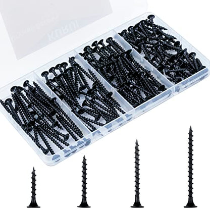 KURUI Drywall Screws Assortment Kit, #6 Black Wood Screws for Sheetrock,165pcs Picture Hanging Kit for Frame Painting Art Photo, Phillips Coarse Dry Wall Screw 4 Sizes 1",1-1/4",1-5/8",2" - size: Assortment Kit (#6 * 1", 1-1/4", 1-5/8", 2")