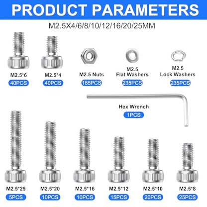 801PCS M2.5 Screws Kit, M2.5x4/6/8/10/12/16/20/25mm Hex Socket Head Cap Screws Bolts Nuts Washers Kit, 304 Stainless Steel M2.5 Bolts Metric Screws for 3D Printing - size: SS M2.5 x 4/6/8/10/12/16/20/25mm, style: Socket Head