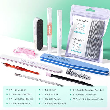 GELLEN Nail Cleanser Pads 50PCS with 10PCS Manicure Tools Kit | Ceramic Cuticle Pusher Pen, Remover and Cuticle Oil Nail Prep Care Kit, Nail File 100/180, Polishing Buffer, Clipper & Brush - size: 50PCS with 10PCS Tools