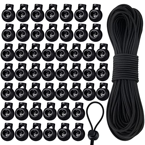 Patelai 50 Pieces Cord Locks Spring Toggles Stoppers Plastic Single Hole End Stopper Slider and 1/8 Inch 66 Feet Elastic Bungee Cord for Drawstring Shoelaces Clothing Bags(Black, Round Style) - size: Black, style: Round Style