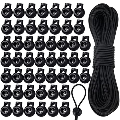 Patelai 50 Pieces Cord Locks Spring Toggles Stoppers Plastic Single Hole End Stopper Slider and 1/8 Inch 66 Feet Elastic Bungee Cord for Drawstring Shoelaces Clothing Bags(Black, Round Style) - size: Black, style: Round Style