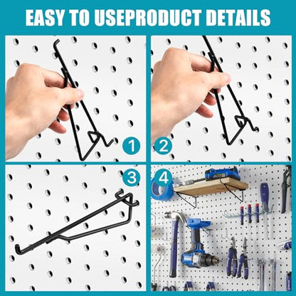 16 Pcs Pegboard Shelf Hooks, 6" Metal Peg Board Brackets Hooks Fits 1/4 Black Pegboard Organizer Accessories for Workbench, Garage, Craft Room, Retail Shop