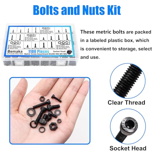 1108PCS Metric Screw Assortment Kit, M3 M4 M5 M6 Metric Bolts and Nuts Kit with with Lock & Flat Washers, 12.9 Grade Alloy Steel Hex Socket Head Cap Screws for 3D Printing - size: M3 M4 M5 M6, style: Socket Head