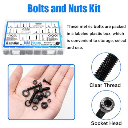 1108PCS Metric Screw Assortment Kit, M3 M4 M5 M6 Metric Bolts and Nuts Kit with with Lock & Flat Washers, 12.9 Grade Alloy Steel Hex Socket Head Cap Screws for 3D Printing - size: M3 M4 M5 M6, style: Socket Head