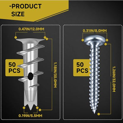Mywish Zinc Self Drilling Drywall Anchors, Hollow Wall Anchors and Screws Kit, Drywall Screws, 25pcs Heavy Duty Metal Wall Anchors and 25pcs #8 x 1-1/4'' Screws (50Pcs All Together) - size: Tri-point