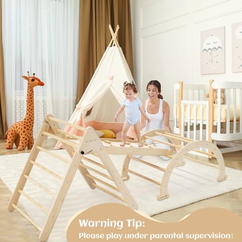 Pillowhale Extra‑Large Montessori Wooden Climbing Triangle Set—Foldable Toddler Gym Triangle, Climbing Ramp & Arch, Indoor Playground for Toddlers 12+ Months
