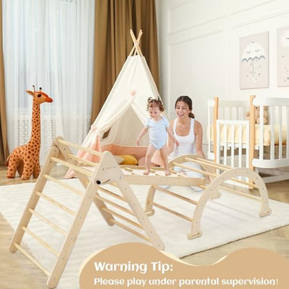 Pillowhale Extra‑Large Montessori Wooden Climbing Triangle Set—Foldable Toddler Gym Triangle, Climbing Ramp & Arch, Indoor Playground for Toddlers 12+ Months