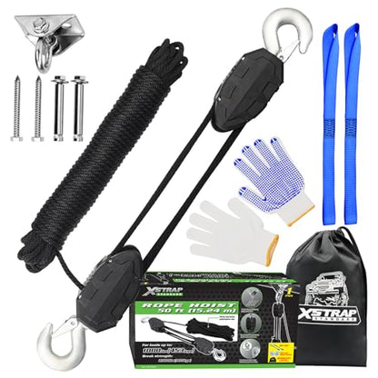 XSTRAP STANDARD 50 Feet Rope Hoist, Heavy-Duty 2000LB Break Wheel Block | Tackle Pulley System for Lifting Heavy Objects with Work Gloves, 2pcs Soft Loops, 1 Swing Hanger for Garage Warehouse - color: 50 Ft+ Black+1 Swing Hanger