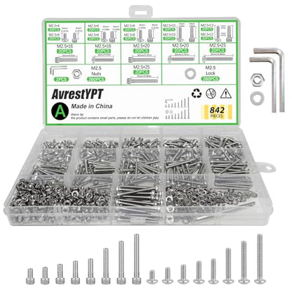 842 Pcs Metric Screws Assortment Kit, M2.5 Screw Kit, Small Assorted Nuts and Bolts Assortment Kits, Stainless Steel Hex Socket Button Head Screw & Hex Socket Head Screw Set with Washers + Wrenches - size: M2.5-842Pcs