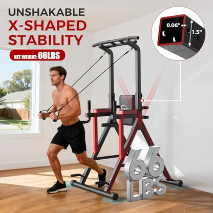 Power Tower Pull Up Bar Free Standing,Multi-Level Adjustable Height Dip Station, Multi-Grip Handles,Backrest,Home Gym Strength Training Equipment with Power Elastic Ropes,Capacity 400LBS