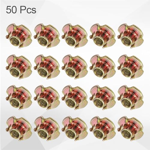 HARFINGTON M6x7.3mm T-Nuts 4 Pronged Tee Nut 0.69" x 0.29" Fully Thread Carbon Steel Inserts for Wood, Rock Climbing Holds, Cabinetry, Furniture 50pcs - size: M6x7.3mm