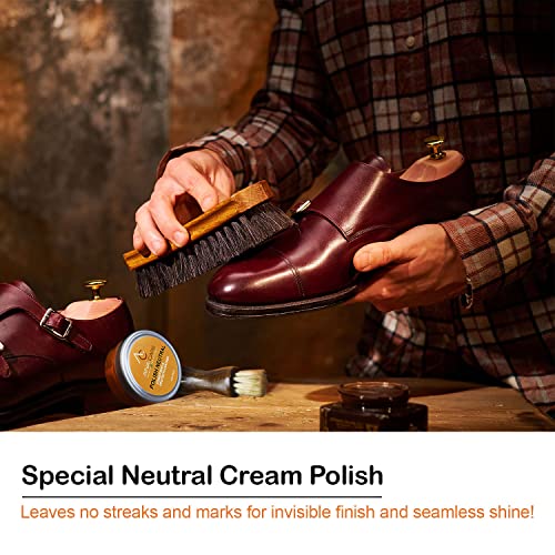 Aina Care Premium I Shoe Care Kit Cream Neutral - Shoe Polish for Leather, Suede & Nubuck Shoes - Shoe Shine Kit (1 Dauber Brush, 1 Horsehair Brush, 1 Microfiber Cloth), 1.69 oz, Transparent