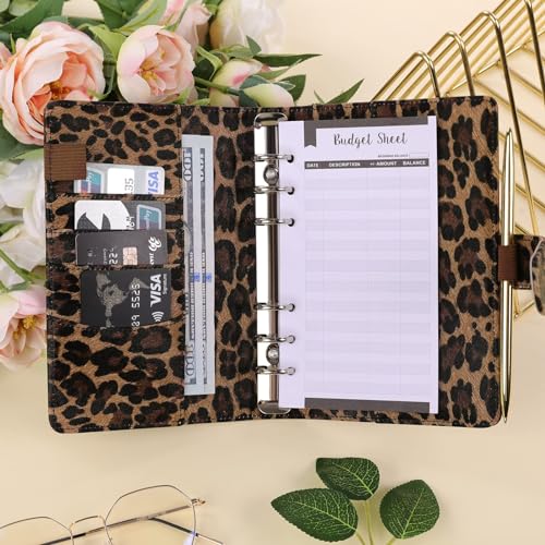SKYDUE A6 Budget Binder with Zipper Envelopes, Money Organizer for Cash with 12Pcs Expense Budget Sheet & 24Pcs Stickers, Cash Envelopes for Budgeting and Saving - color: Leopard Brown