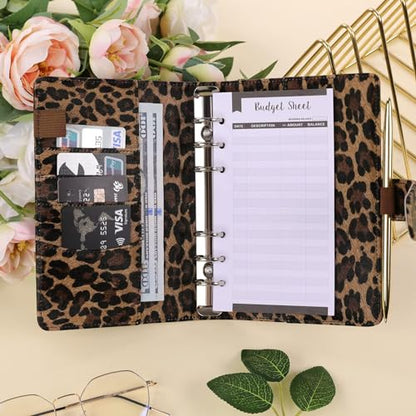 SKYDUE A6 Budget Binder with Zipper Envelopes, Money Organizer for Cash with 12Pcs Expense Budget Sheet & 24Pcs Stickers, Cash Envelopes for Budgeting and Saving - color: Leopard Brown