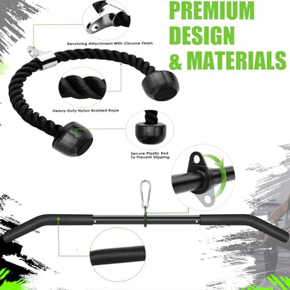 Cable Machine Attachment Set LAT Pulldown Attachments,Cable Machine Accessories for Home Gym Weight Workout Include LAT Pulldown Bar,Double D Bar, Tricep Rope,V Bar - color: Black-5 pcs