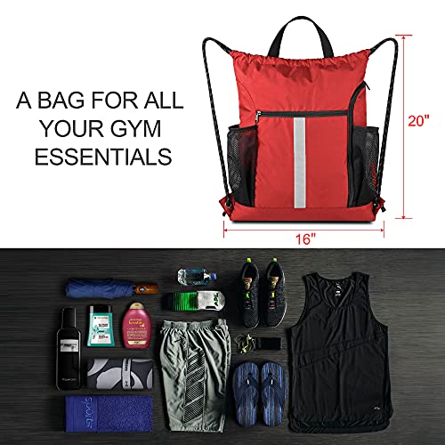 BeeGreen Red Drawstring Backpack Gymsack Bag with Shoe Compartment and Two Side Mesh Pockets Lightweight Durable Sports Cinch Sackpack 1 Pack for Women Men Workout Swim - color: Red, style: Drawstring With Shoe Compartment