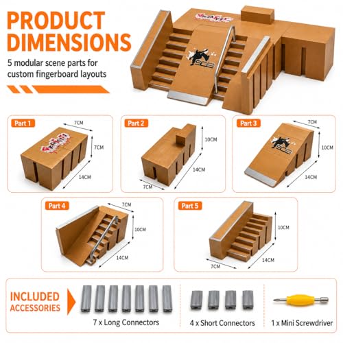 Mnixy 8-in-1 Fingerboard Skate Park Kit with 2 Mini Boards, Ramps and Rails | Includes 2 mini fingerboards, 5 ramp pieces, 18 connectors and screwdriver for building stairs, rails and custom skate parks.