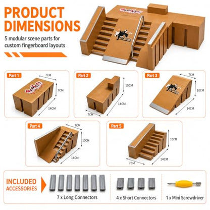 Mnixy 8-in-1 Fingerboard Skate Park Kit with 2 Mini Boards, Ramps and Rails | Includes 2 mini fingerboards, 5 ramp pieces, 18 connectors and screwdriver for building stairs, rails and custom skate parks.