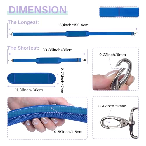 60 Inch Shoulder Strap for Bag with Removable Ultra-Thick Pad | 60" Shoulder Strap with Removable Thick Pad,Adjustable Buckles and Metal Hooks, for Briefcase/Laptop/Messenger/Luggage Bag - color: Blue