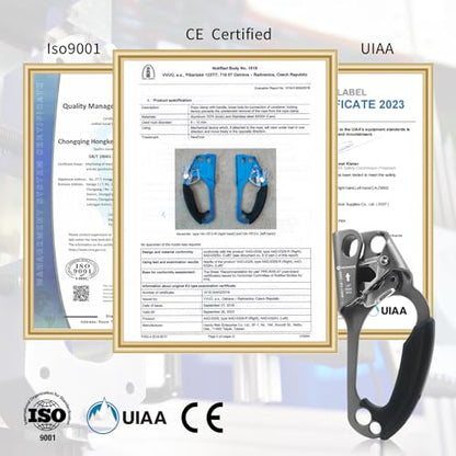 UIAA & CE Certified Hand Ascender Rock Climbing Tree Arborist Rappelling Gear Equipment Rope Clamp for 8~13MM Rope - color: Grey-Right