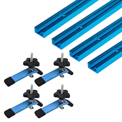 POWERTEC 71860 36 Inch x4 Universal T track with 4 Pcs Hold Down Clamp, Double-Cut Profile T track with Predrilled Mounting Holes & 5-1/2” L x 1-1/8” W T track Clamps - size: 36" Track (4PK) w/ HD Clamp (4PK)