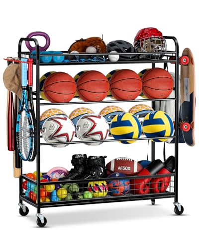 EXTCCT Garage Sports Equipment Organizer - Rolling Ball Storage Bin with Wheels, Garage Sports Gear Rack Outdoor Basketball Racks for Balls with Baseball Bat Holder and Hooks, Toy Organizer - color: Black